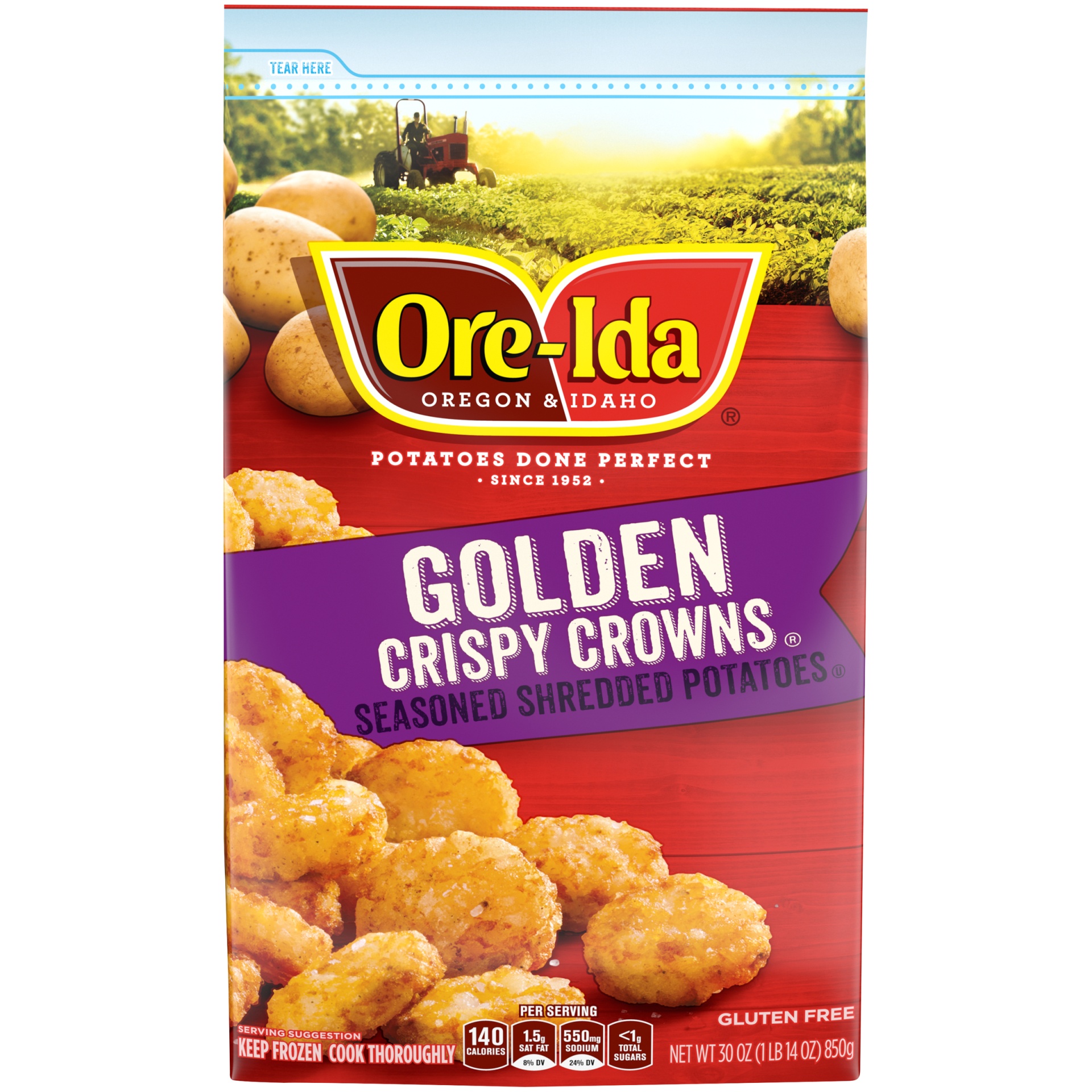 slide 1 of 8, Ore-Ida Golden Crispy Crowns Seasoned Shredded Frozen Potatoes, 30 oz