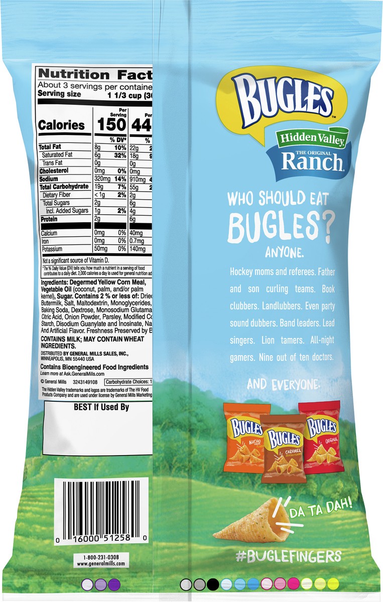 slide 7 of 9, Bugles Crispy Corn Snacks, Ranch Flavor, Snack Bag, 3 oz, 3 oz