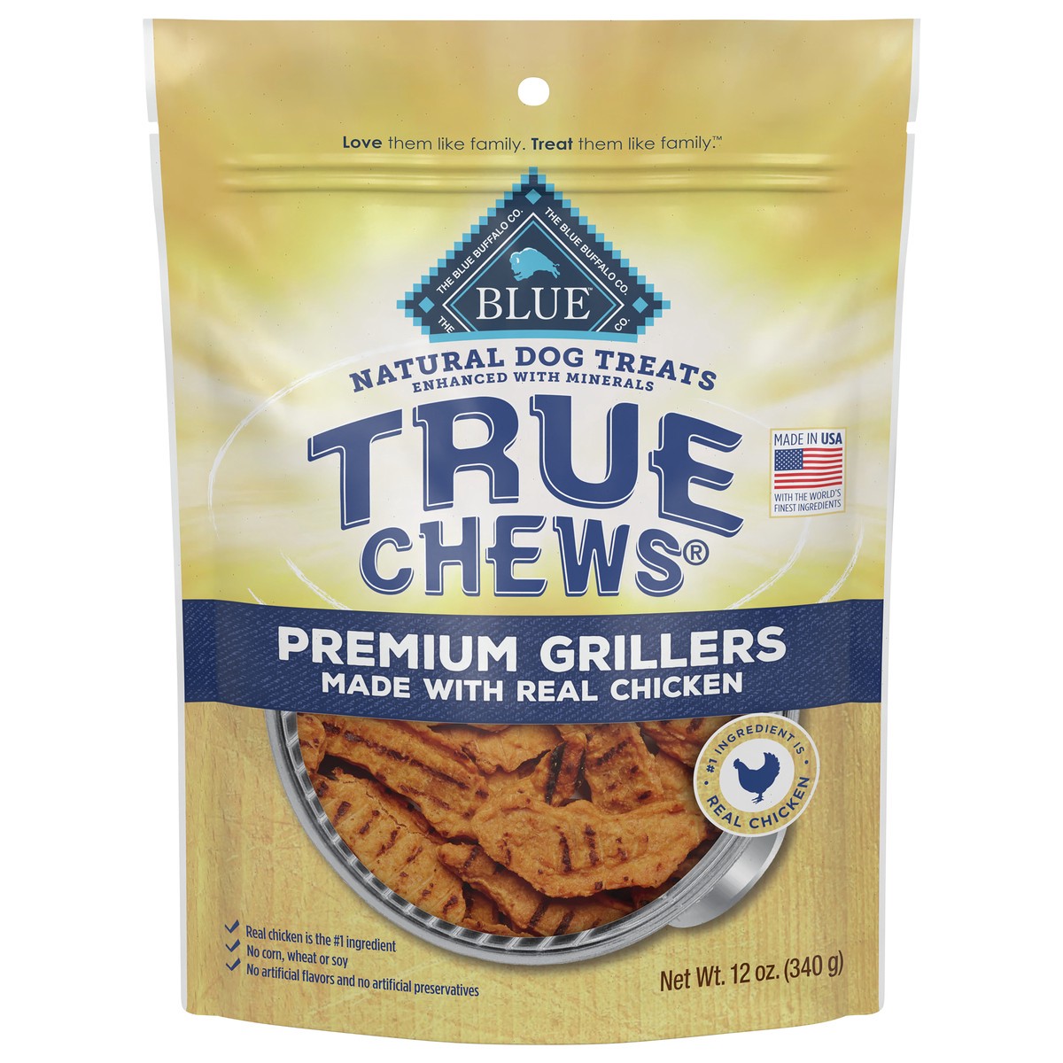 slide 1 of 1, Blue Buffalo True Chews Premium Grillers Natural Dog Treats, Chicken 12 oz bag, 12 oz