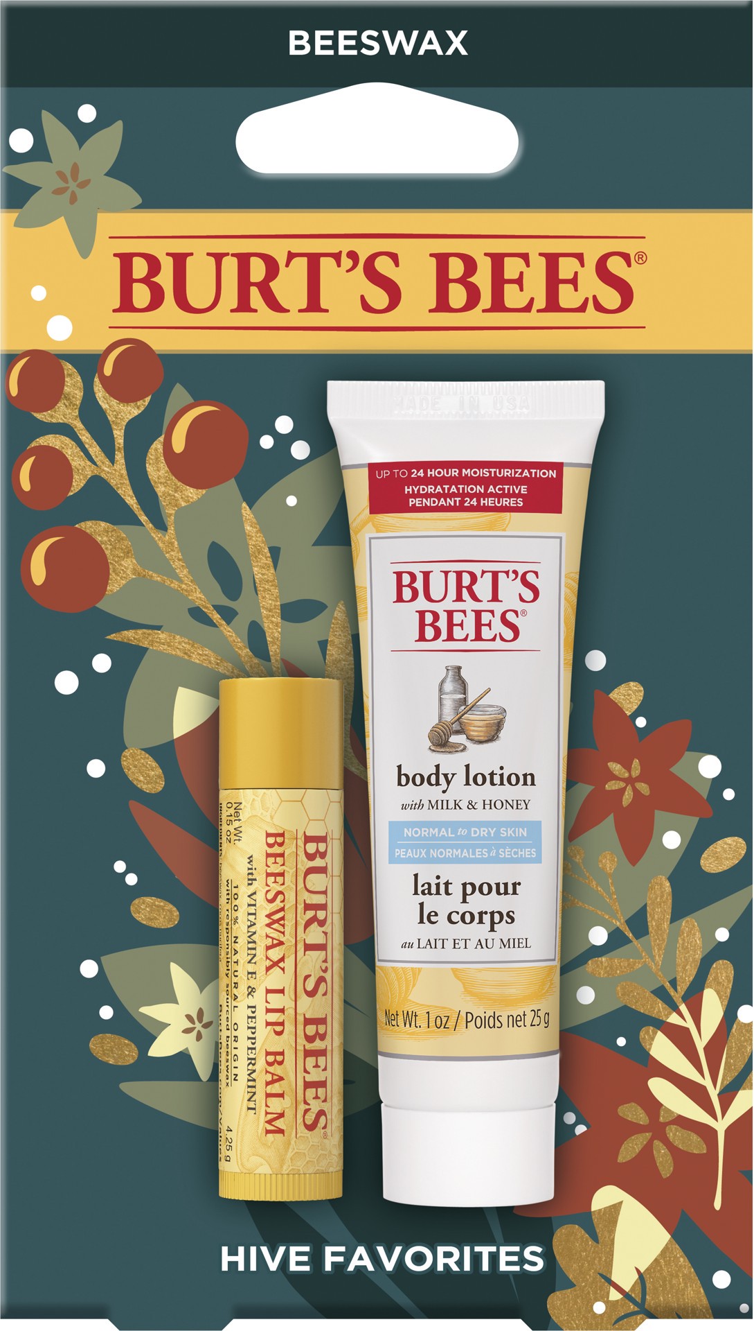 slide 1 of 5, Burt's Bees Hive Favorites Beeswax Holiday Gift Set, 2 Skin Care Products in Gift Box, Beeswax Lip Balm and Travel Size Body Lotion, 1 ct