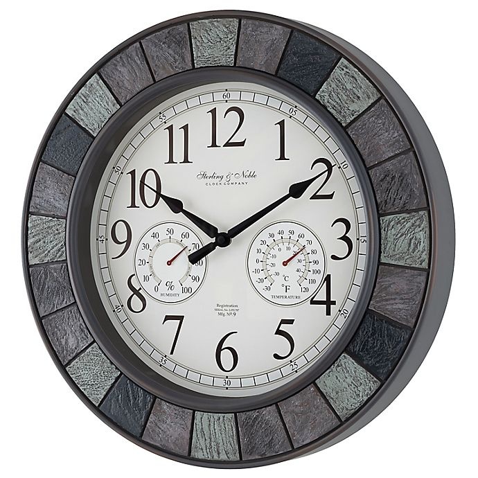 slide 2 of 2, Sterling & Noble Faux Slate Outdoor Wall Clock/Weather Station, 20 in