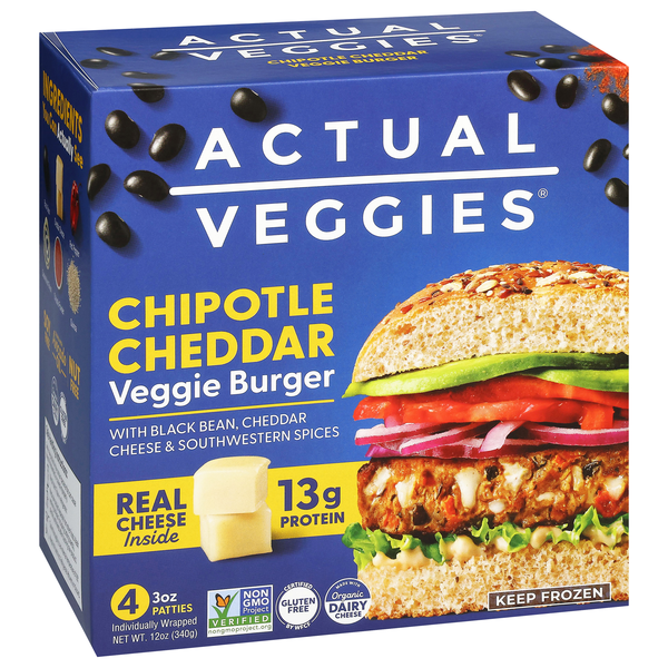 slide 1 of 5, Actual Veggies Black Bean Cheddar Veggie Burger 4 - 3 oz Each, 12 oz
