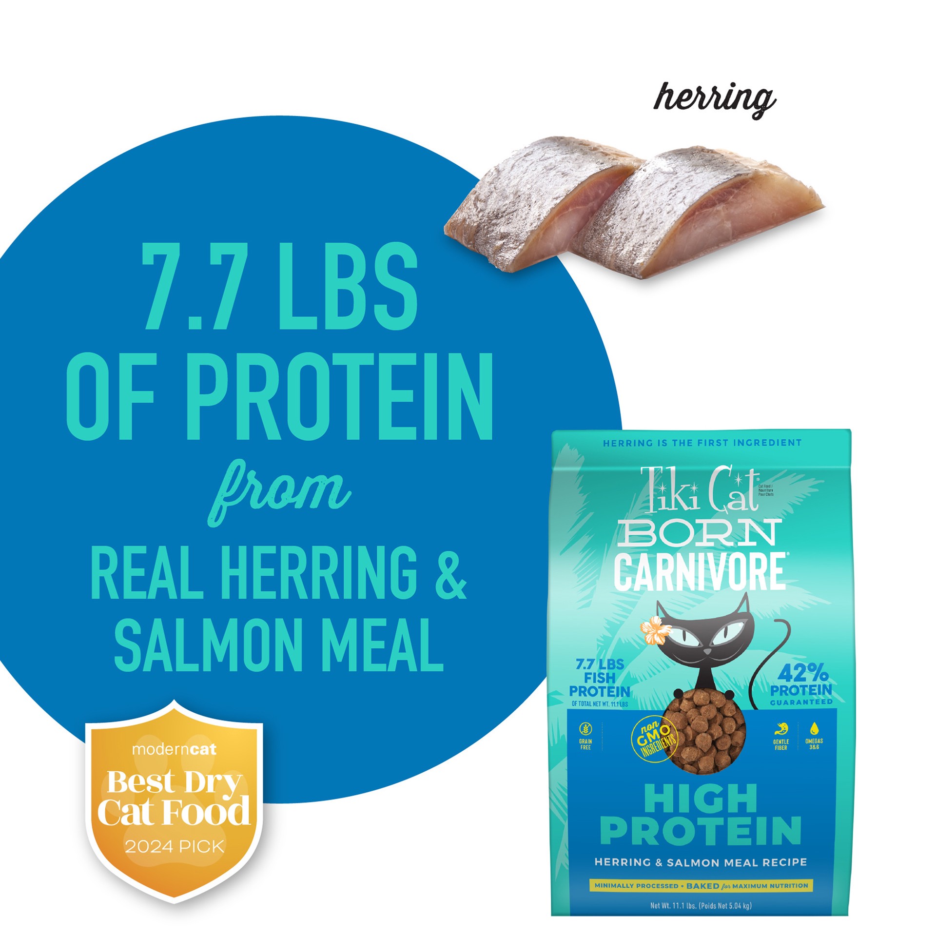 slide 7 of 7, Tiki Cat Born Carnivore Herring & Salmon Dry Food, 11.1 lb