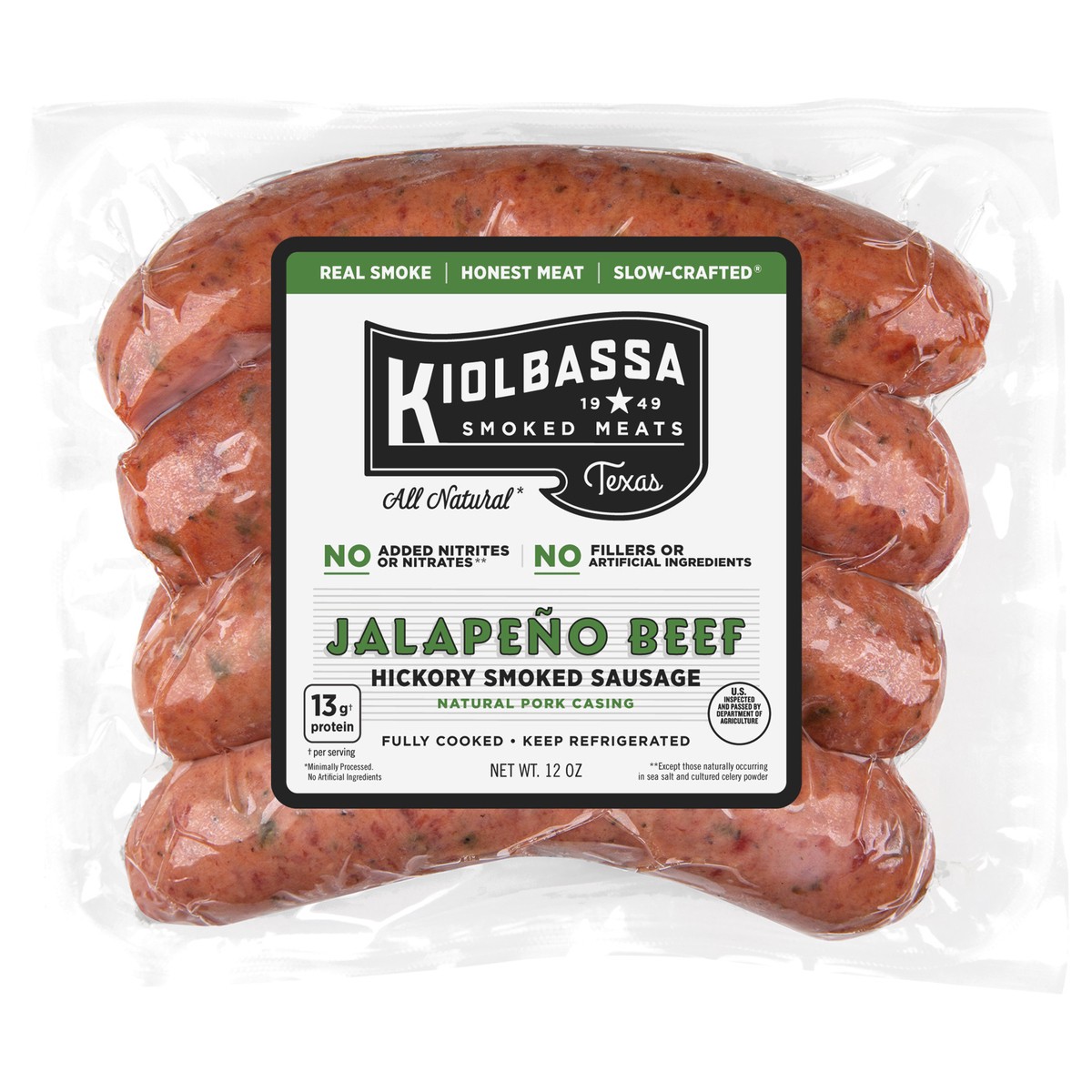 slide 1 of 1, Kiolbassa Jalapeño Beef Hickory Smoked Sausage, 13 oz