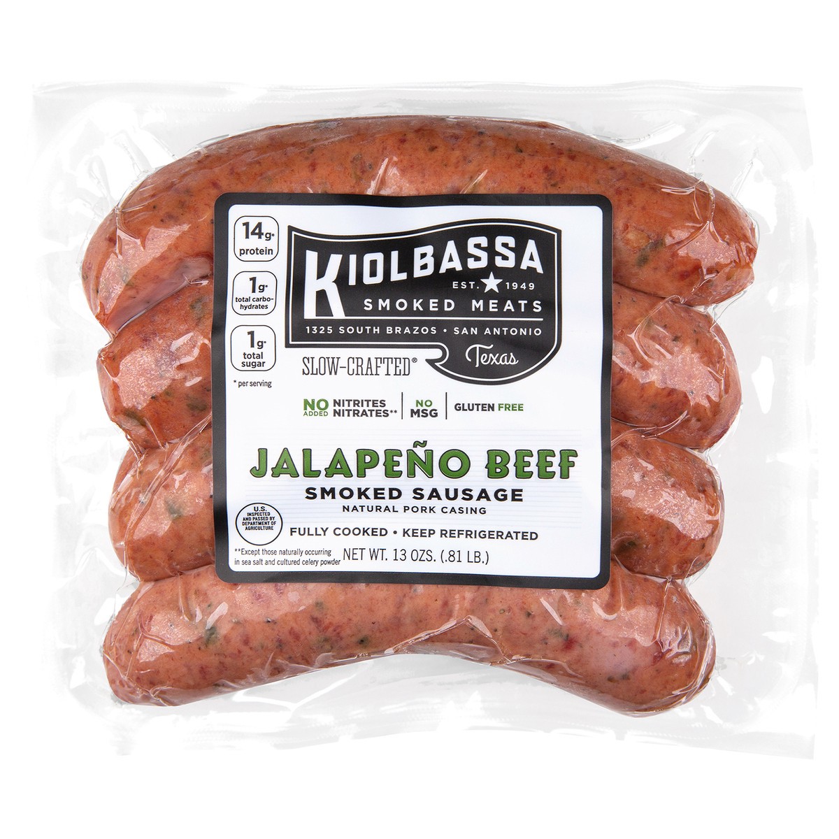 slide 1 of 1, Kiolbassa Jalapeño Beef Smoked Sausage, 13 oz