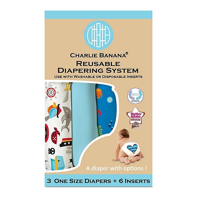 slide 4 of 4, Charlie Banana Patented Reusable One Size Hybrid AIO Diapers - Ocean, 9 ct