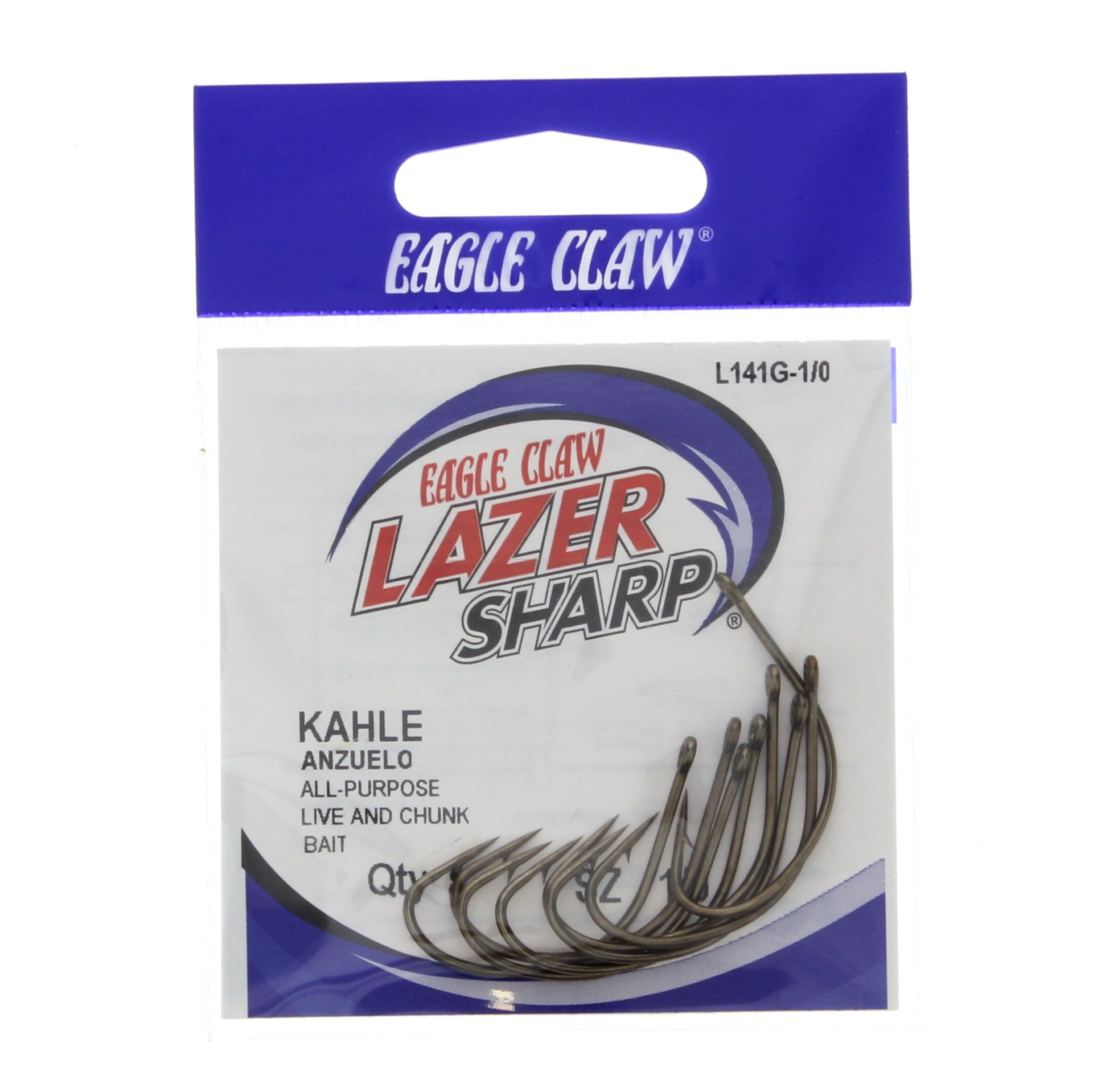 slide 1 of 1, Eagle Claw Lazer Sharp Zip-Lip Kahle Fishing Hooks, Size 1/0, 8 ct