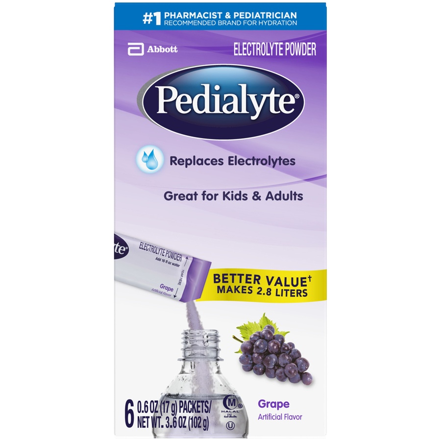 slide 1 of 4, Pedialyte Grape Electrolyte Powder 6-0.6 Oz. Powder Packs, 3.6 oz