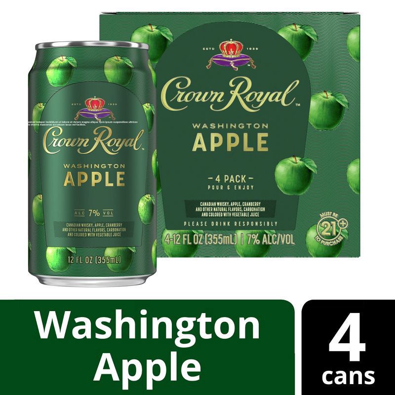 slide 1 of 6, Crown Royal Washington Apple Canadian Whisky Cocktail, 4-PACK (4 x 12 fl oz), 355 ml