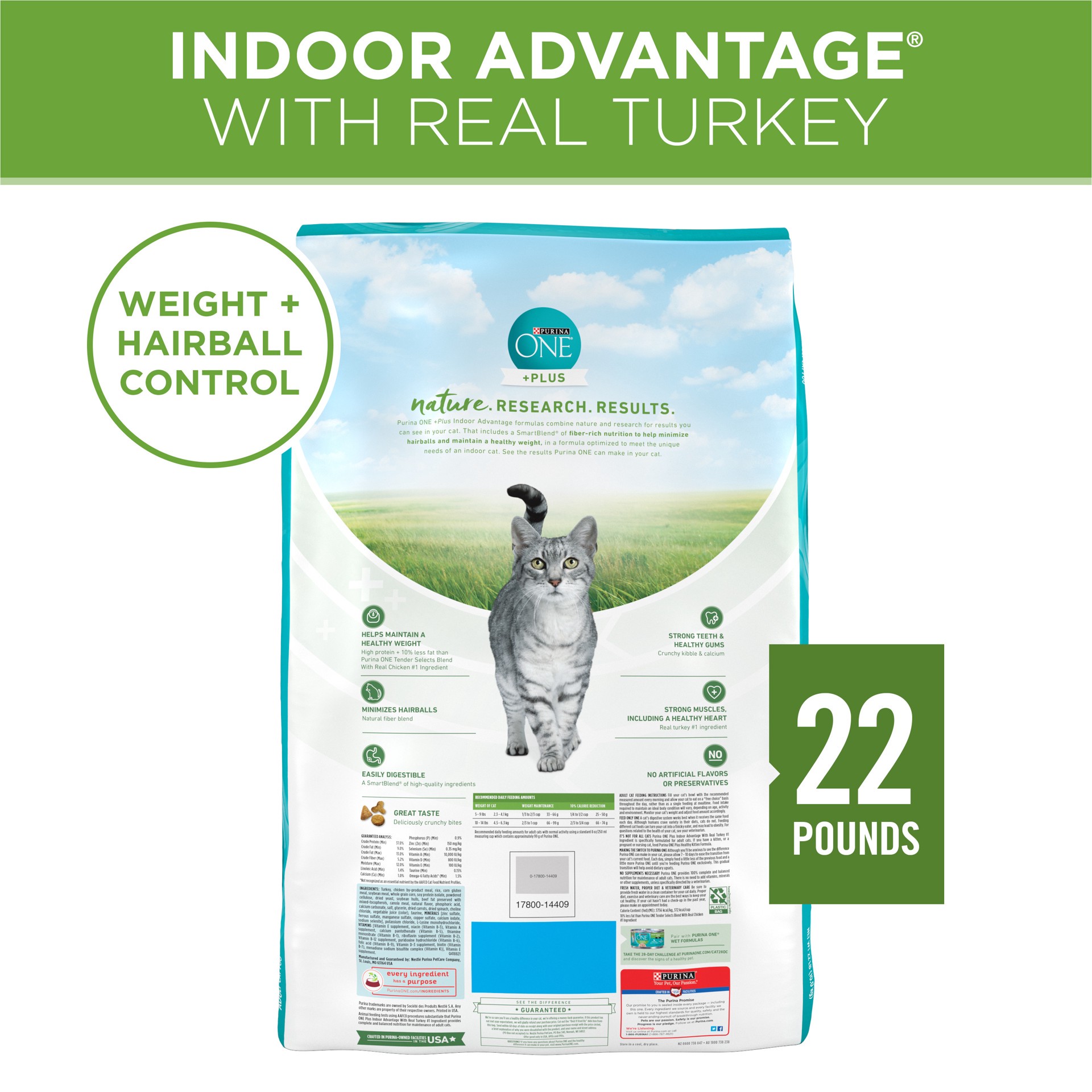 slide 2 of 9, ONE Purina ONE Natural, Low Fat, Weight Control, Indoor Dry Cat Food, +Plus Indoor Advantage, 22 lb