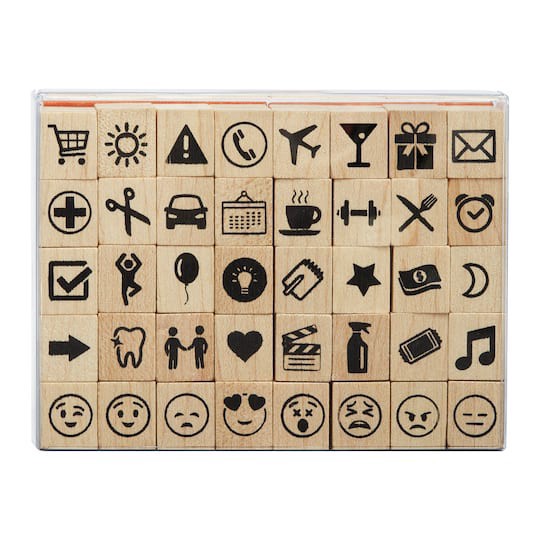 slide 1 of 5, Icon & Emoji Wood Stamp Set By Recollections, 3 in x 4 in x 1 in