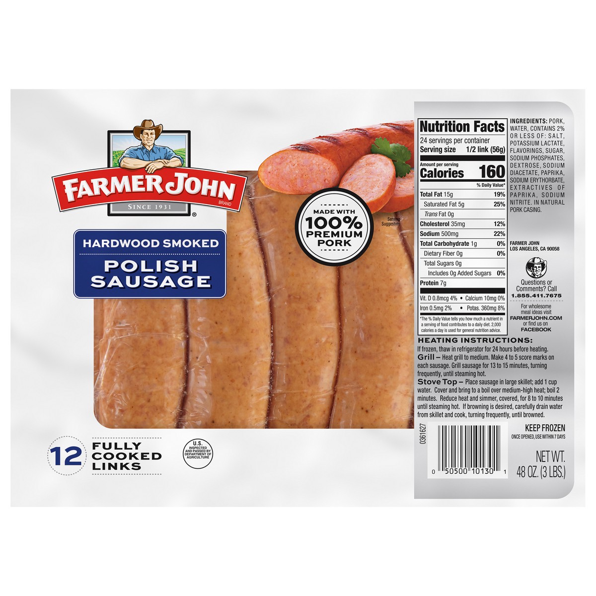 slide 1 of 2, Farmer John Fj Polish Sausage Fz, 3 lb