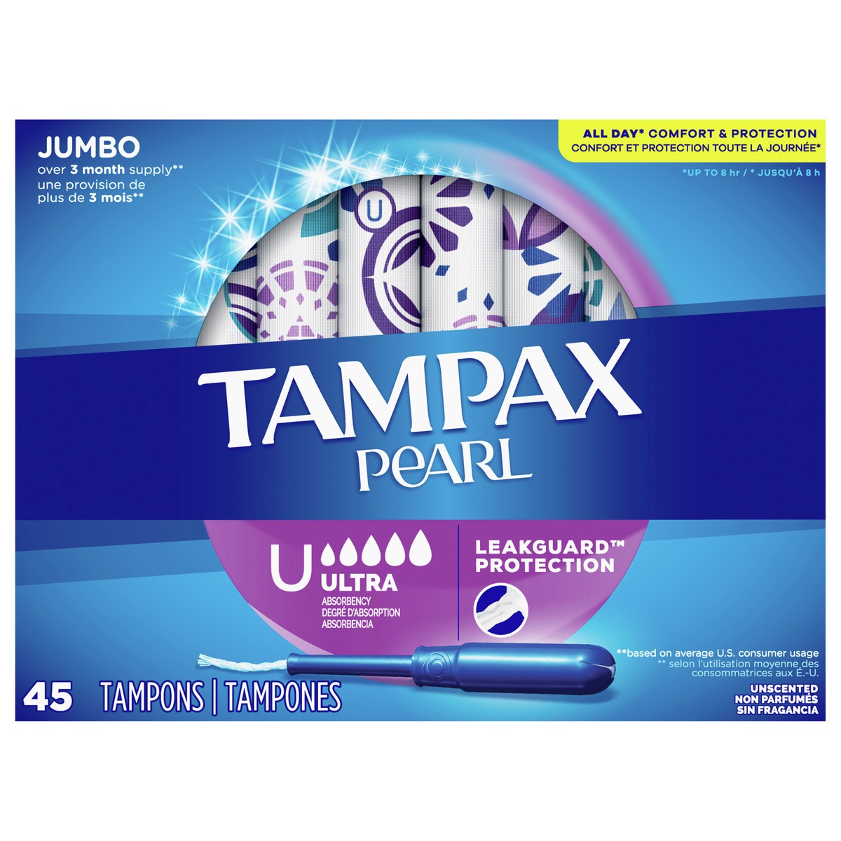 slide 7 of 7, Tampax Pearl Tampons, with LeakGuard Braid, Ultra Absorbency, Unscented, 45 Count, 45 ct
