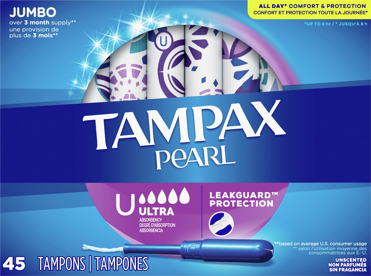 slide 5 of 7, Tampax Pearl Tampons, with LeakGuard Braid, Ultra Absorbency, Unscented, 45 Count, 45 ct