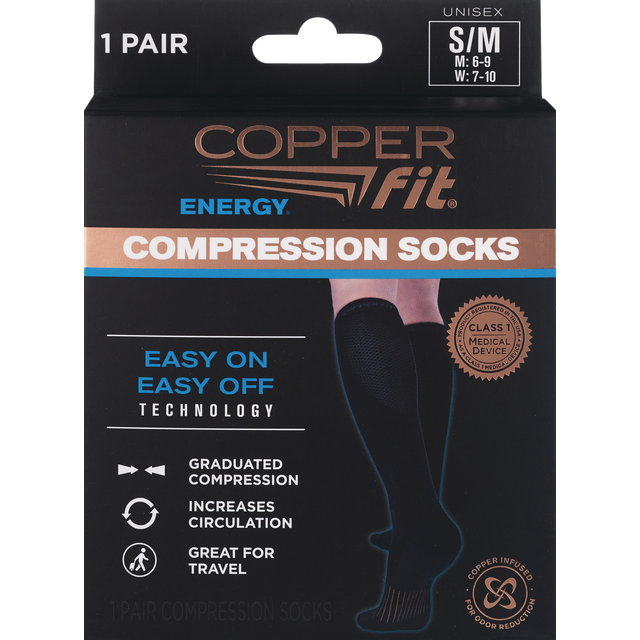 slide 1 of 6, Copper Fit Energy Compression Sock, Black, S/M, SM/MED