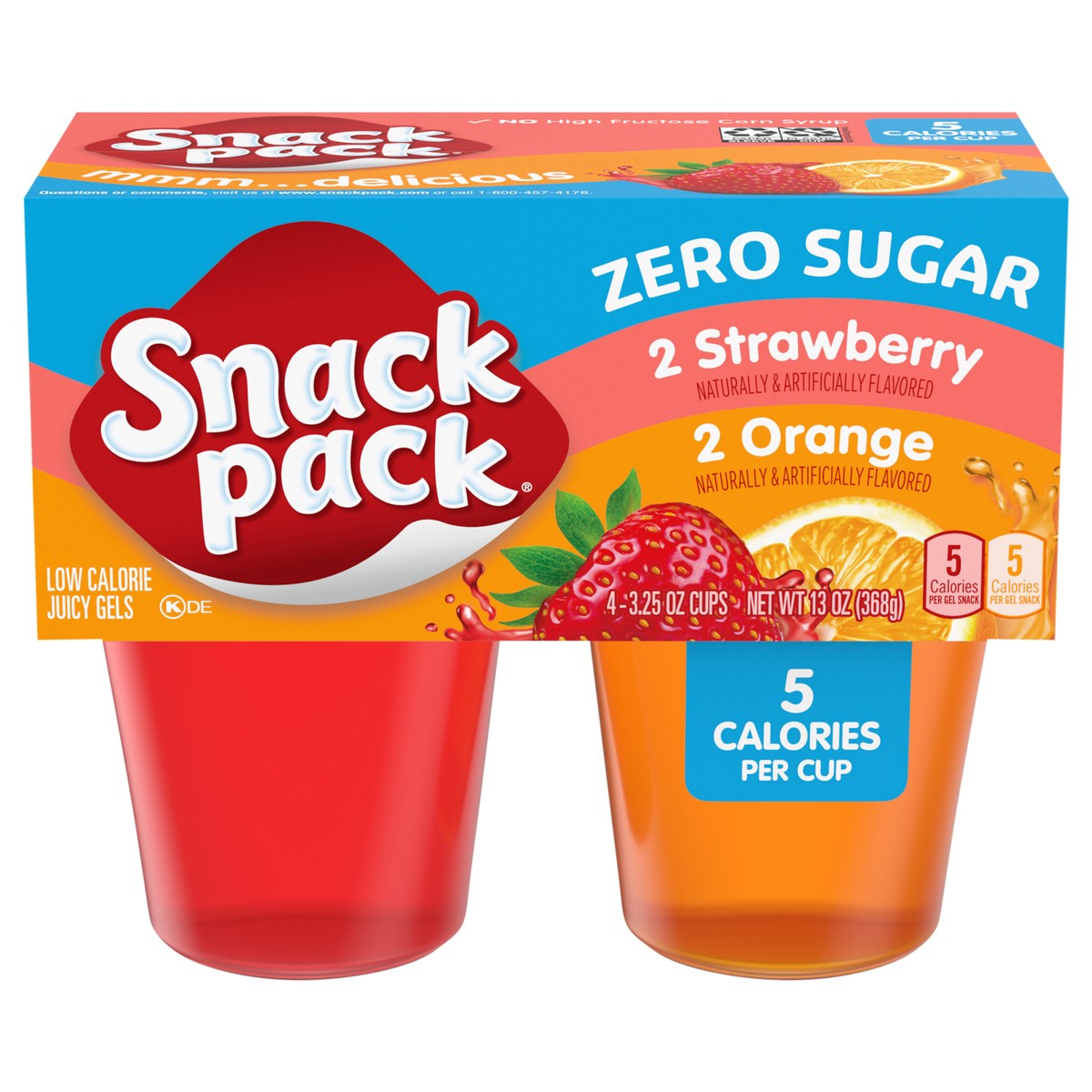 slide 1 of 5, Snack Pack Zero Sugar Strawberry and Orange Flavored Juicy Gels, 3.25 oz Snack Cups, 4 Count, 4 ct