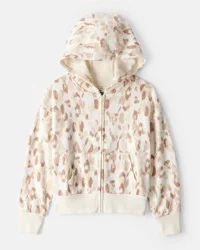 Oshkosh Girls Cheetah Print DayDream Fleece Hooded Zip-Up Jacket - Cream Cream 12