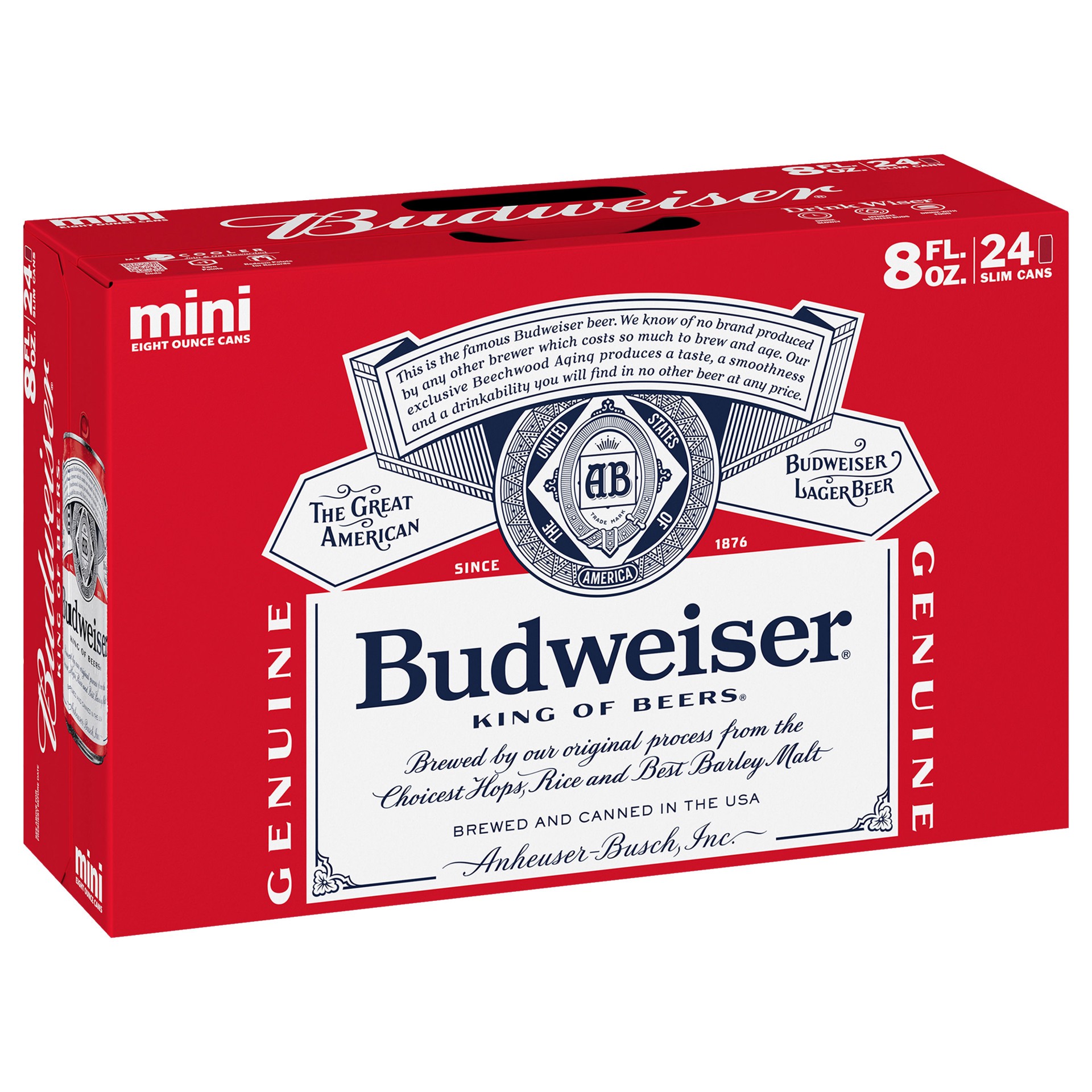 slide 1 of 8, Budweiser Beer, 24 Pack 8 fl. oz. Cans, 5.0% ABV, 192 fl oz