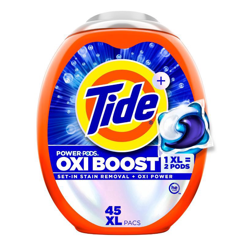 slide 1 of 11, Tide Oxi Boost Power PODS Laundry Detergent Pacs, 45 Count, Set-In Stain Removal + Oxi Power, laundry soap detergent pacs, 45 ct