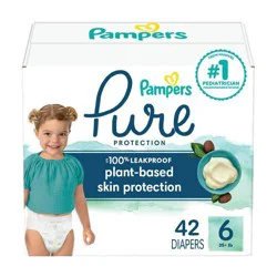 Pampers Pure Baby Diapers, Size 6 (35+ lbs), 42, Up to 100% Leakproof, Premium Hypoallergenic Soft Diapers