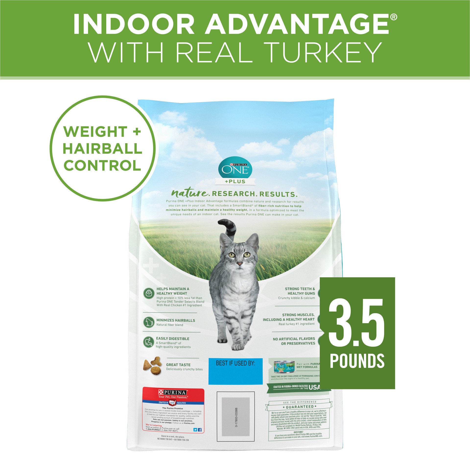 slide 4 of 9, Purina ONE Indoor Advantage Natural Dry Cat Food with Turkey for Indoor Cats - 3.5lbs, 3.5 lb