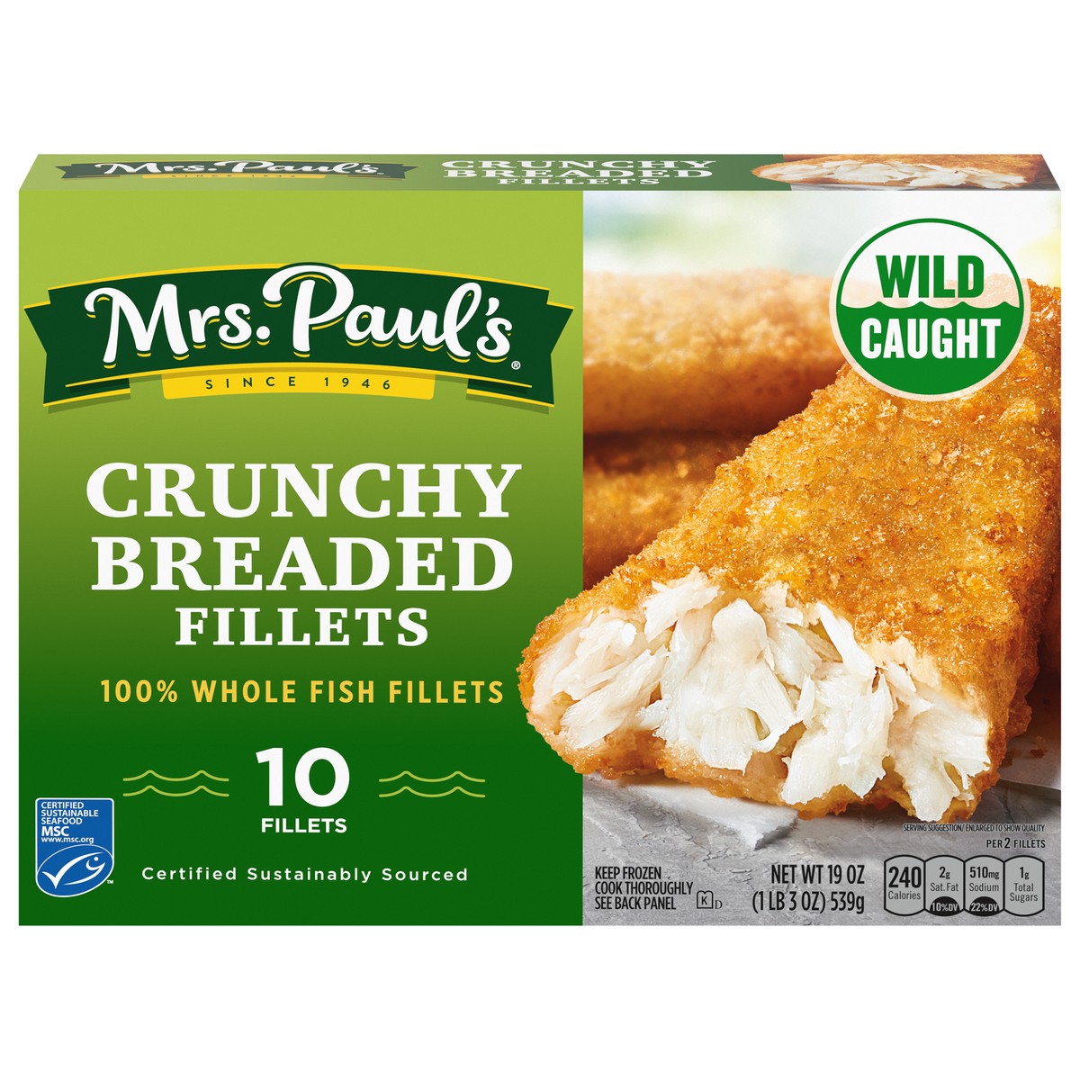 slide 1 of 5, Mrs. Paul's Crunchy Breaded Fish Fillets, Frozen, 19 oz. 10-Count, 10 ct