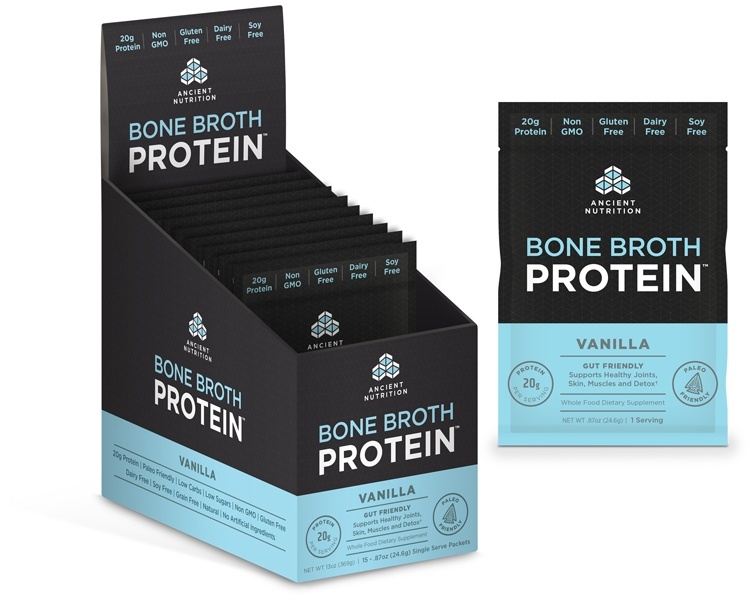 slide 1 of 1, Ancient Nutrition Bone Broth Protein Vanilla Pkt Bx, 13 oz