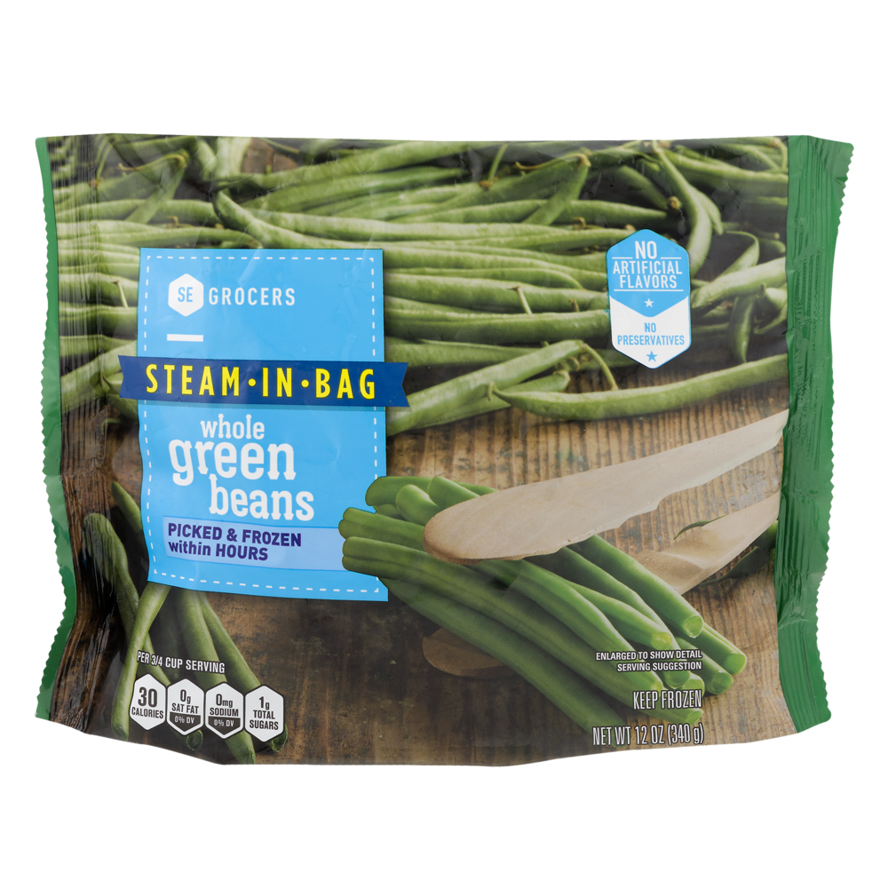 slide 1 of 1, SE Grocers Steam-In-Bag Whole Green Beans, 12 oz