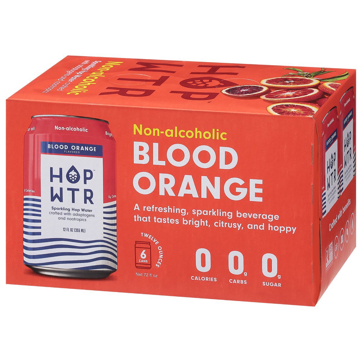 slide 8 of 9, Hop Wtr Non-Alcoholic Blood Orange Flavored Sparkling Hop Water 6 - 12 oz Cans, 6 ct; 12 oz