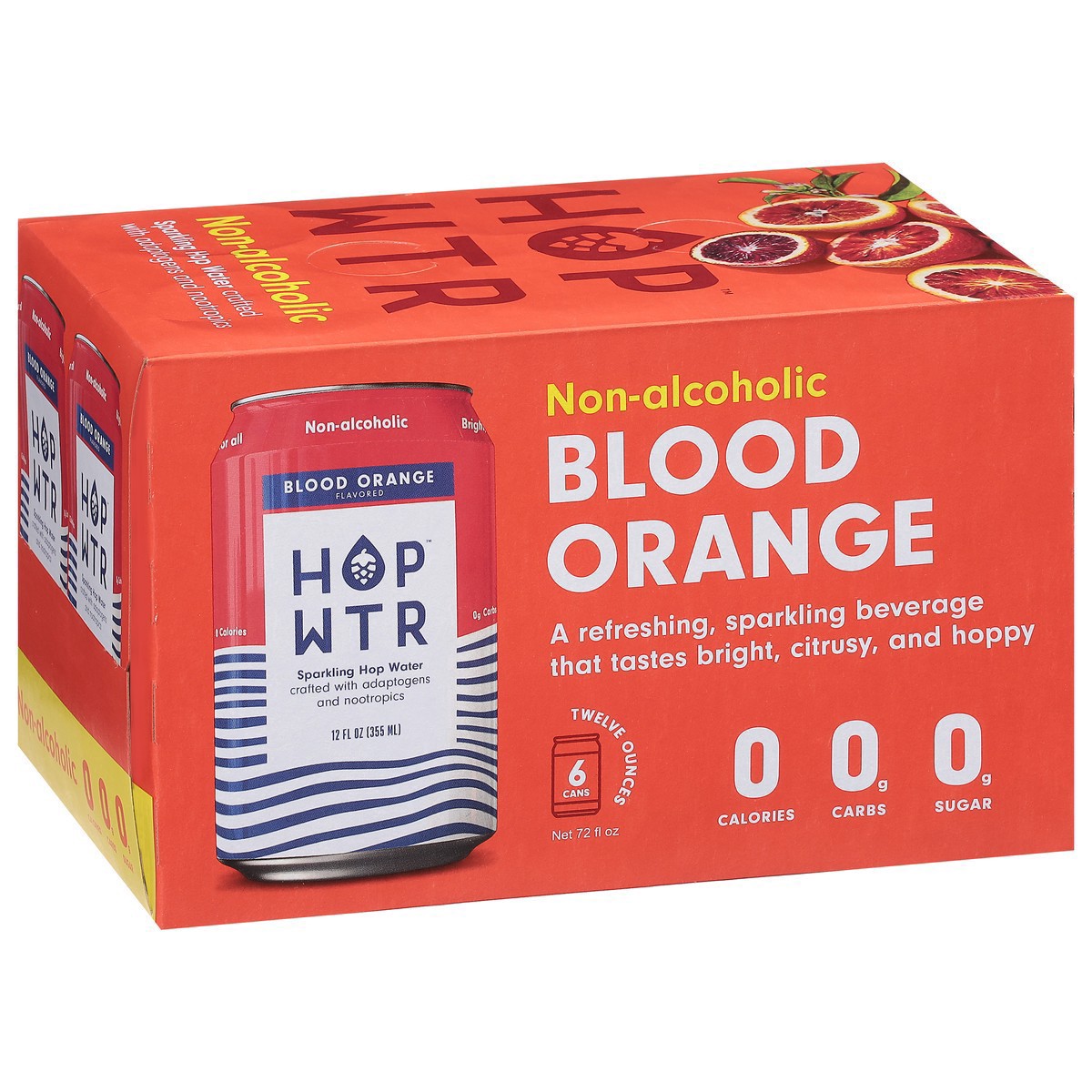 slide 3 of 9, Hop Wtr Non-Alcoholic Blood Orange Flavored Sparkling Hop Water 6 - 12 oz Cans, 6 ct; 12 oz
