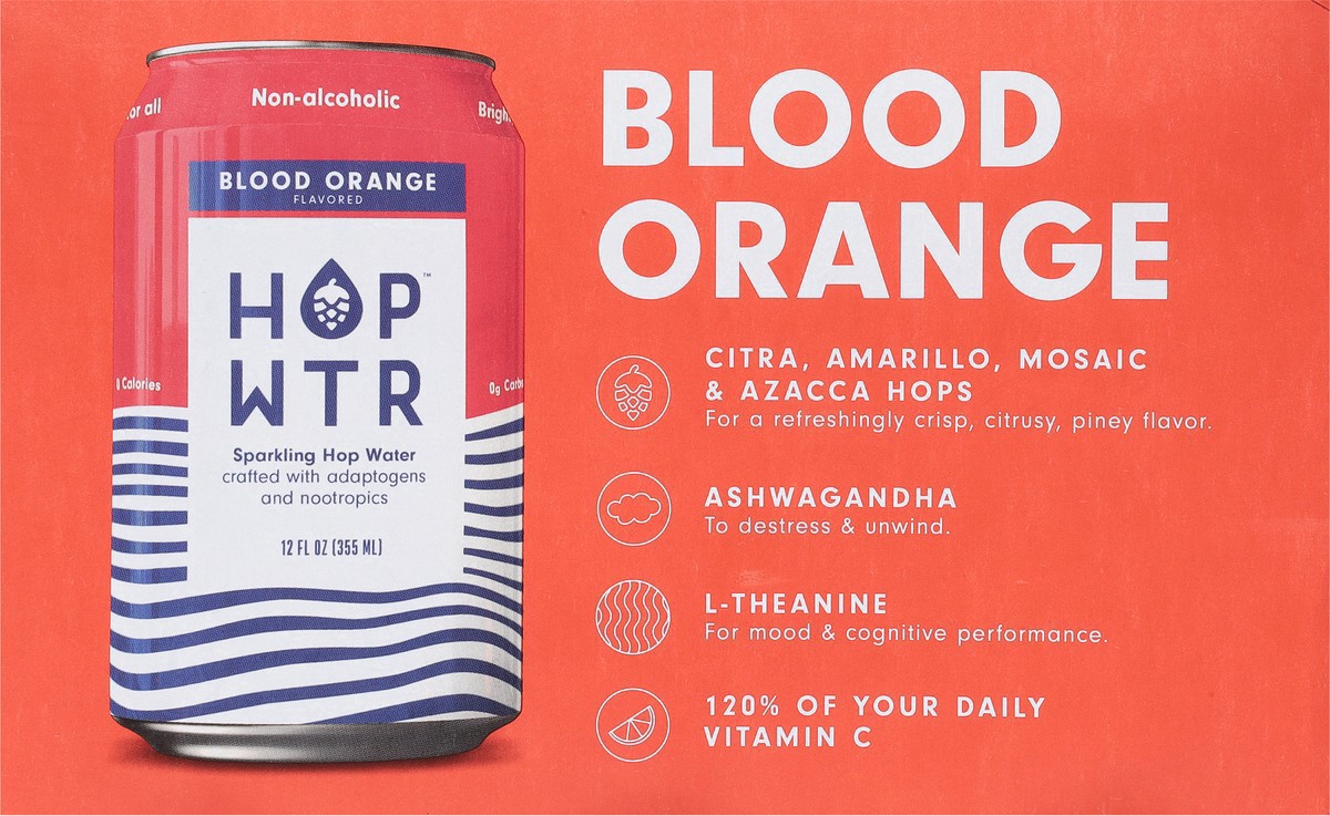 slide 6 of 9, Hop Wtr Non-Alcoholic Blood Orange Flavored Sparkling Hop Water 6 - 12 oz Cans, 6 ct; 12 oz