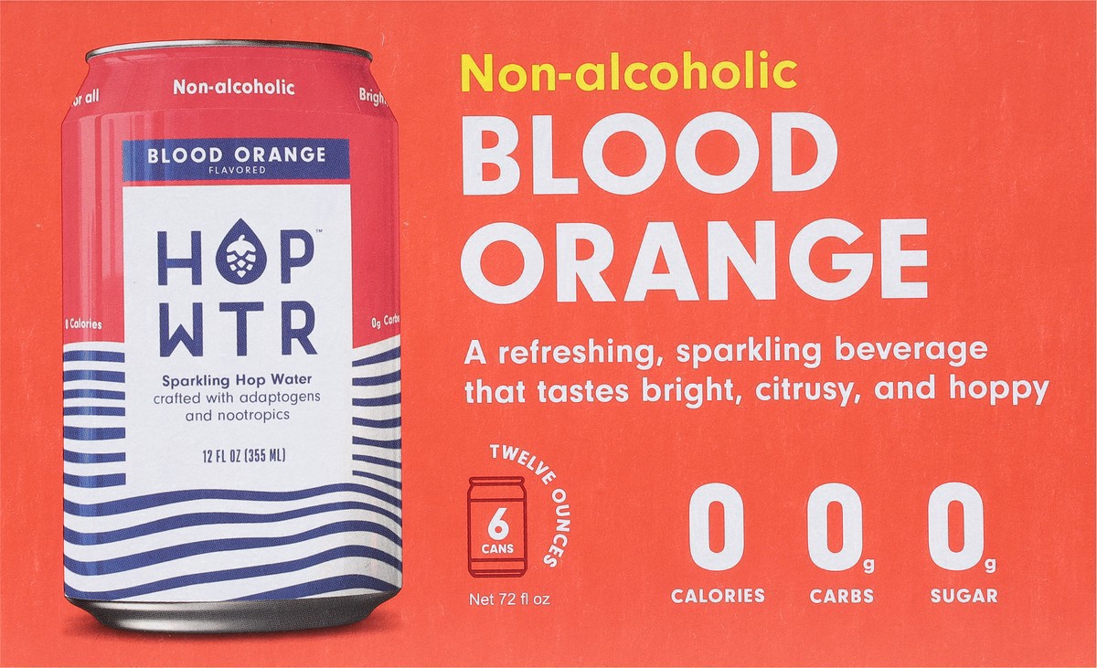 slide 7 of 9, Hop Wtr Non-Alcoholic Blood Orange Flavored Sparkling Hop Water 6 - 12 oz Cans, 6 ct; 12 oz