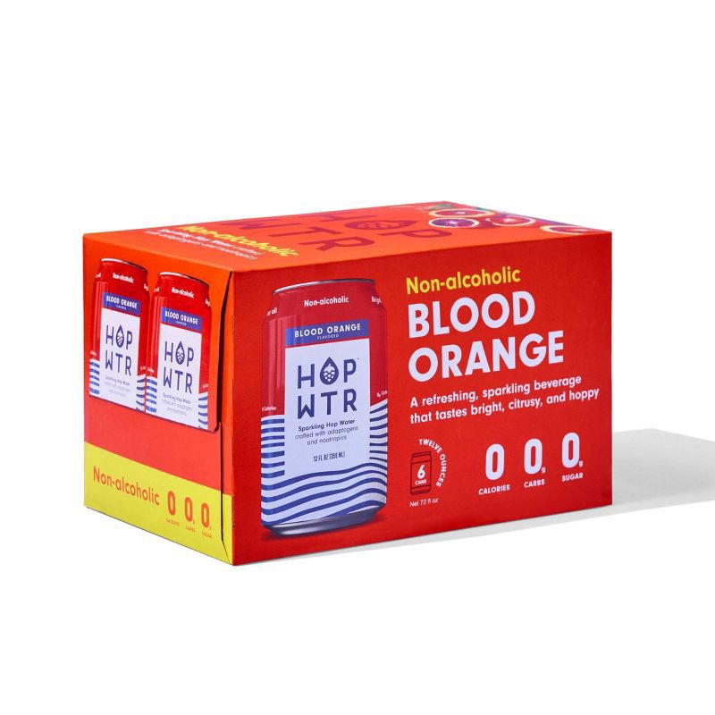 slide 1 of 9, Hop Wtr Non-Alcoholic Blood Orange Flavored Sparkling Hop Water 6 - 12 oz Cans, 6 ct; 12 oz