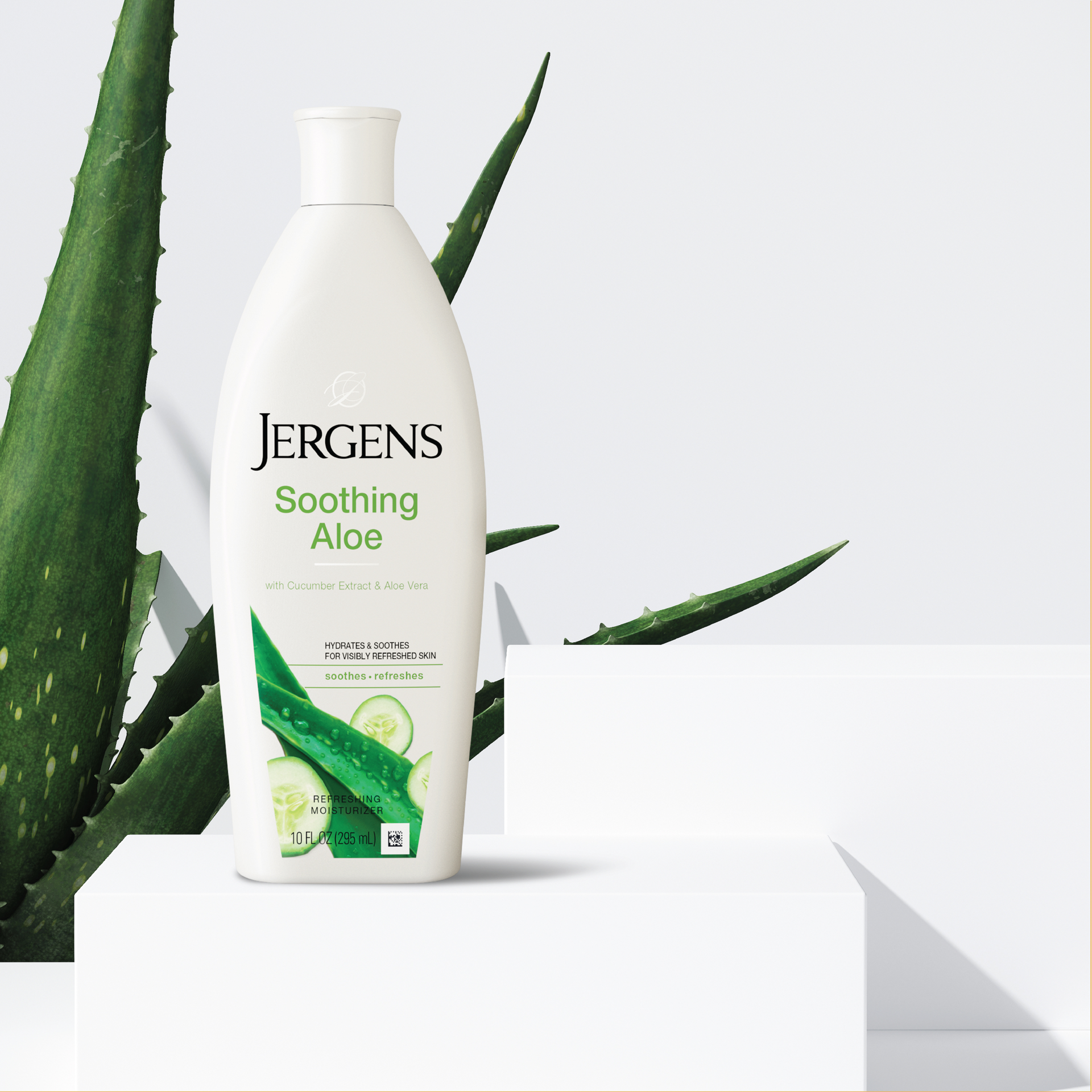 slide 5 of 5, Jergens Hand and Body Lotion, Soothing Aloe Refreshing Moisturizer, with Cucumber Extract, Dermatologist Tested, 10 Oz Bottle, 10 fl oz