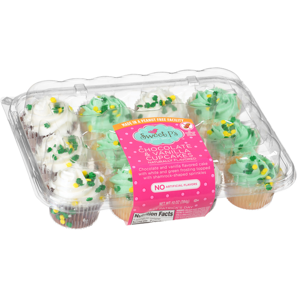 slide 1 of 1, Topco Sweet P's Bake Shop St. Patrick's Day Chocolate & Vanilla Cupcakes, 10 oz