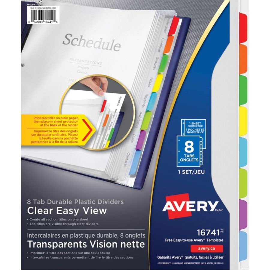 slide 2 of 10, Avery Clear Easy View Durable Plastic Tab Divider Set, 8 ct