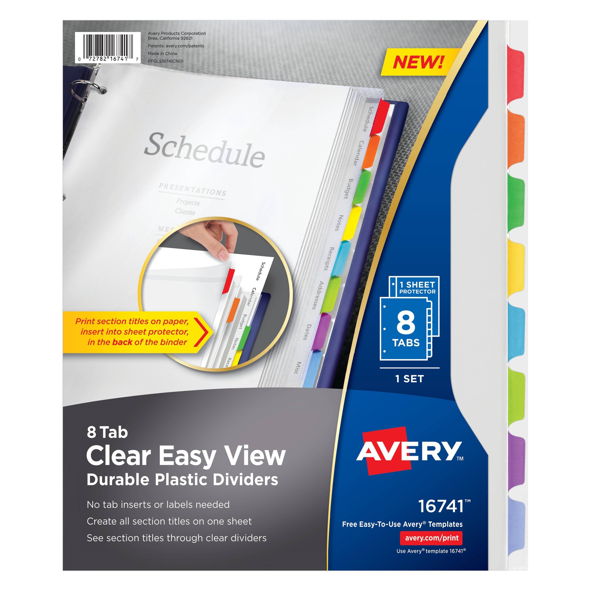 slide 1 of 10, Avery Clear Easy View Durable Plastic Tab Divider Set, 8 ct