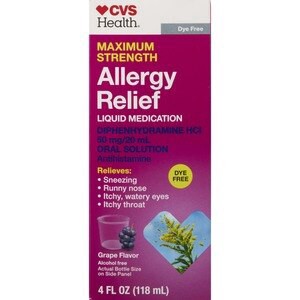 slide 1 of 1, CVS Health Maximum Strength Allergy Relief Liquid Dye Free Diphenhydramine Hcl Oral Antihistamine, Grape, 4 Oz, 1 ct