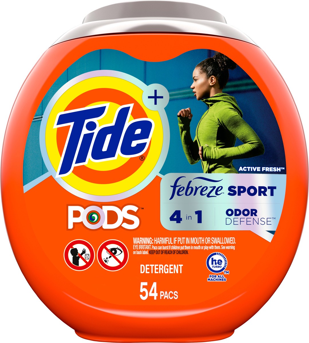 slide 1 of 8, Tide PODS Liquid Laundry Detergent Soap Pacs, 4-n-1 with Febreze, HE Compatible, 54 Count, Fights even week old Odors, Sport Odor Defense, 54 ct