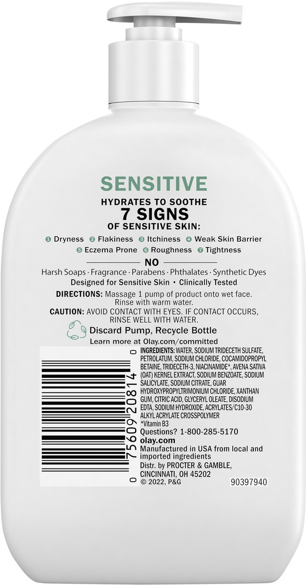 slide 2 of 5, Olay Sensitive Facial Cleanser with Oat Extract Gentle Cream Cleanser, 16 fl oz, 16 oz