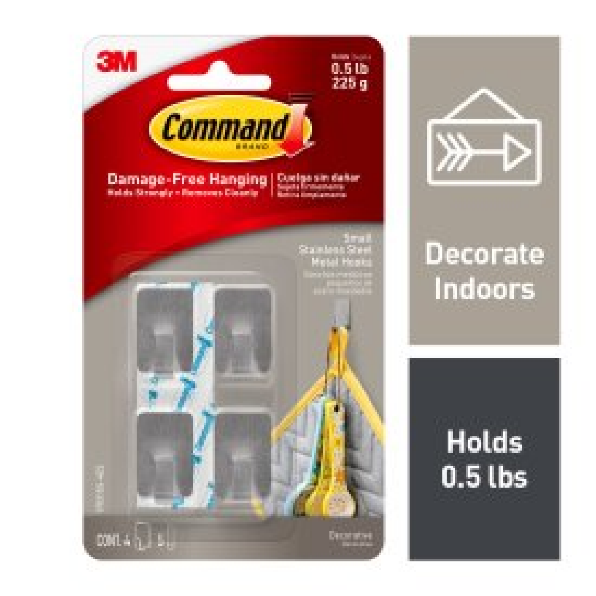 slide 1 of 1, 3M Command Small Stainless Steel Metal Hooks 4 Hooks, 5 Strips, 17031SS-4OFES, 1 ct