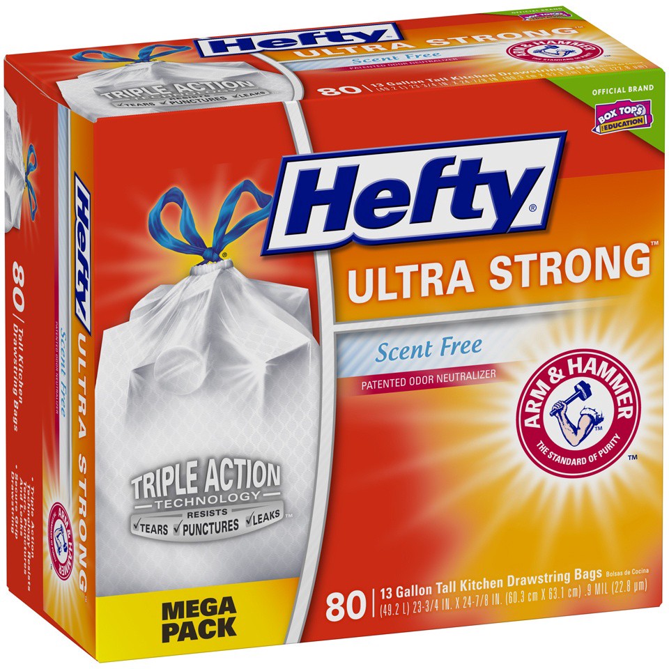 slide 6 of 6, Hefty Ultra Strong Scent Free Tall Drawstring 13 Gallon Kitchen Bags, 80 ct