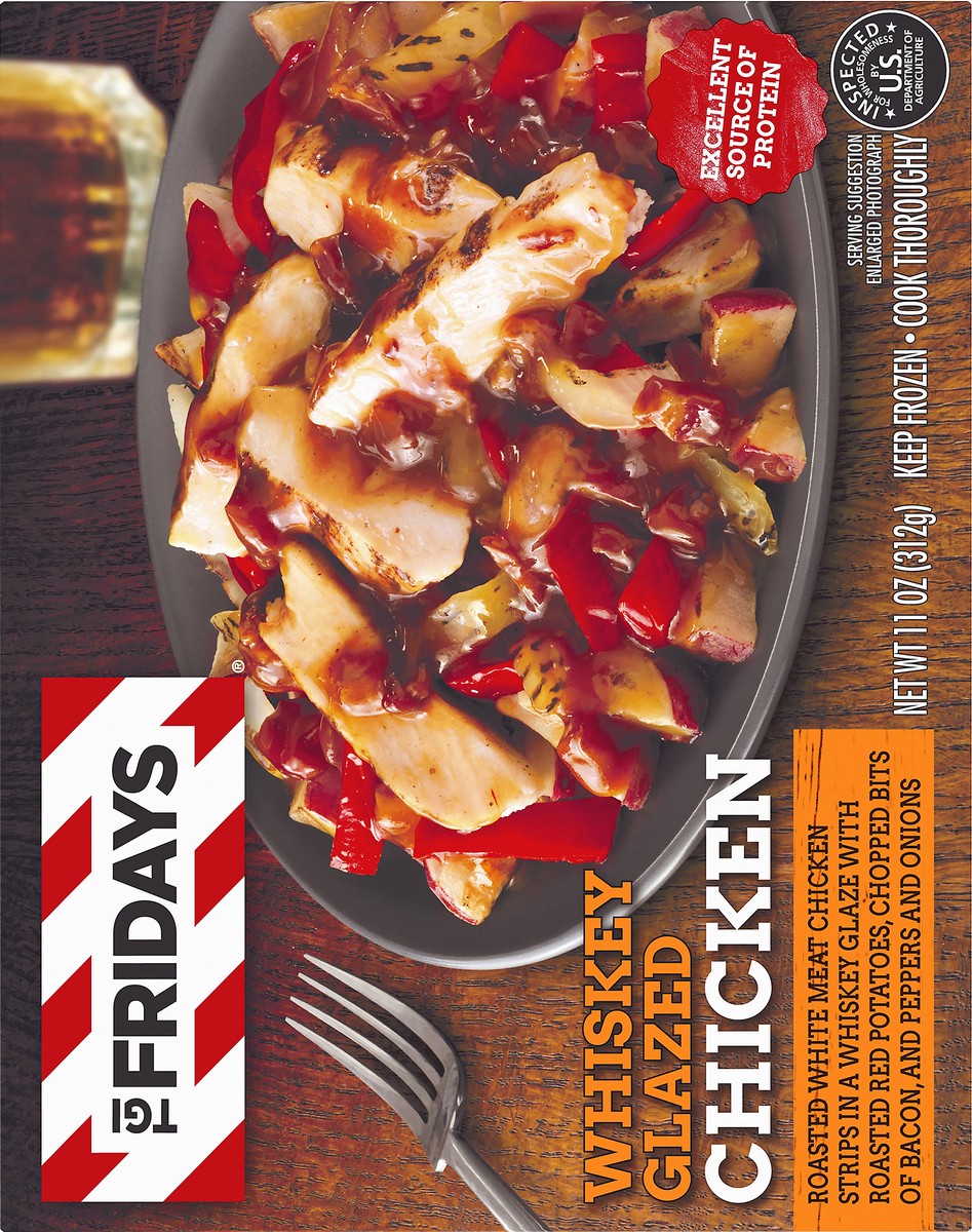 slide 6 of 10, T.G.I. Friday's Whiskey Glazed Chicken with Roasted Red Potatoes, Bits of Bacon, Peppers & Onions Frozen Meal, 12 oz Box, 312 g