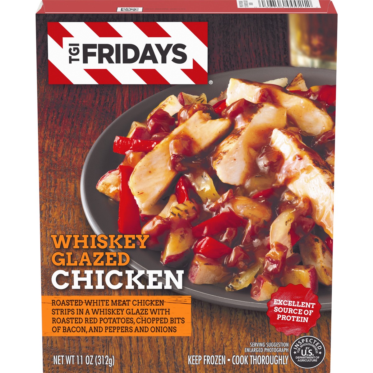 slide 1 of 10, T.G.I. Friday's Whiskey Glazed Chicken with Roasted Red Potatoes, Bits of Bacon, Peppers & Onions Frozen Meal, 12 oz Box, 312 g