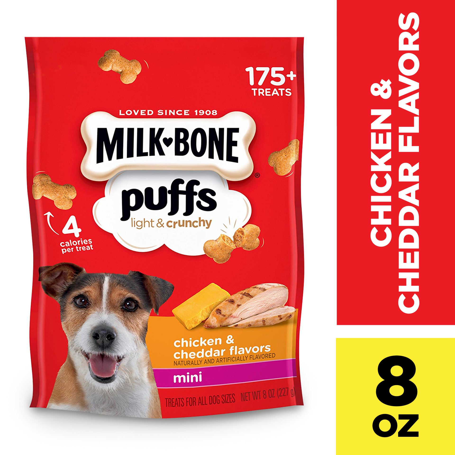 slide 2 of 4, Milk-Bone Puffs Crunchy Dog Treats, Chicken and Cheddar Flavor, Mini Size, 8-Ounce Bag, 8 oz