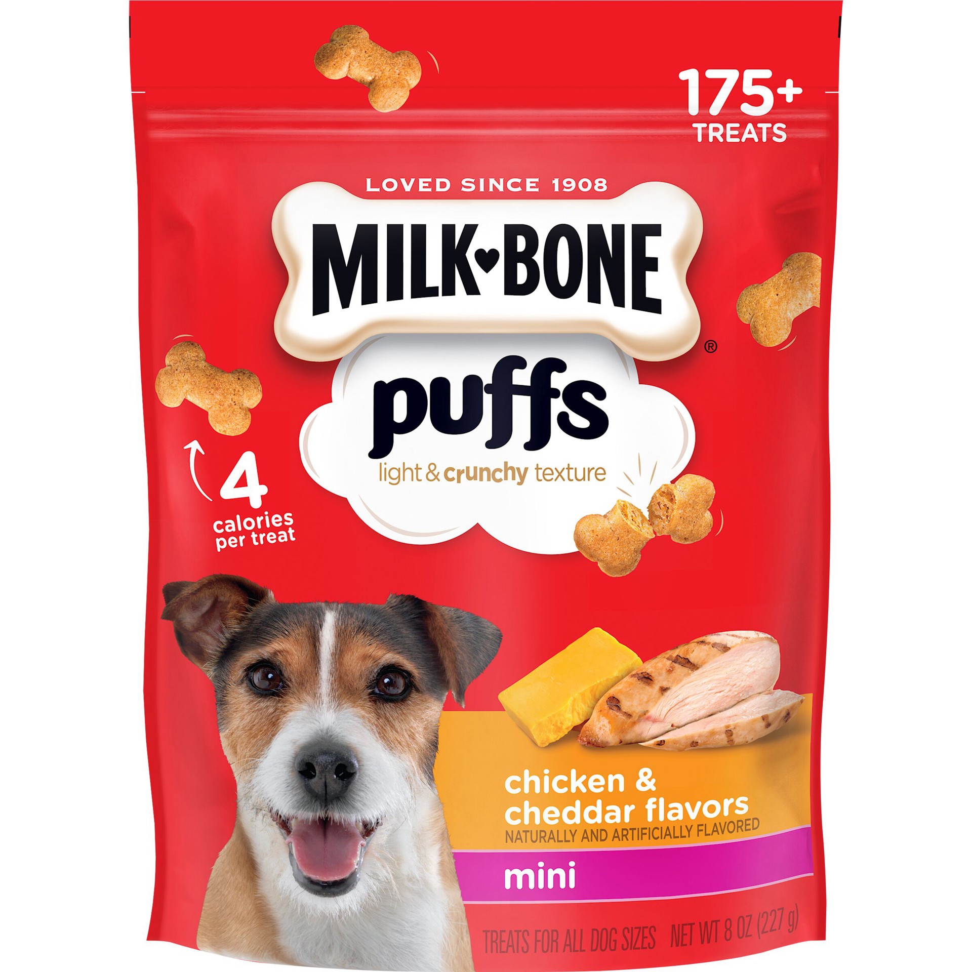 slide 1 of 4, Milk-Bone Puffs Crunchy Dog Treats, Chicken and Cheddar Flavor, Mini Size, 8-Ounce Bag, 8 oz