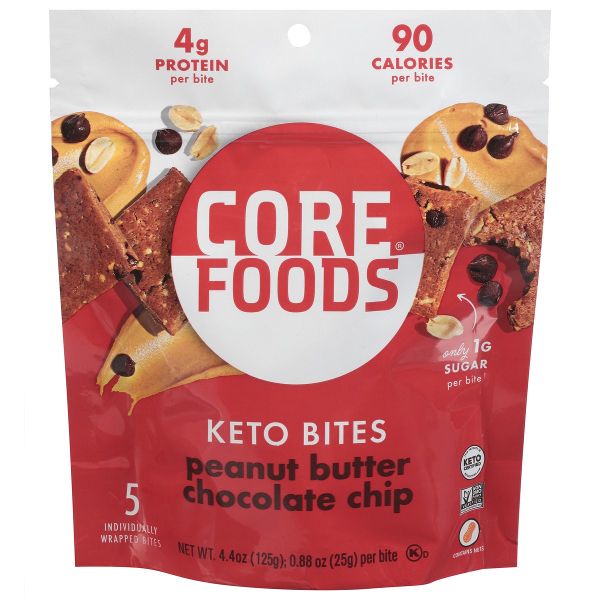 slide 1 of 2, CORE Keto Peanut butter chocolate chip Bites 5 - 0.88 oz Wrapper, 5 ct