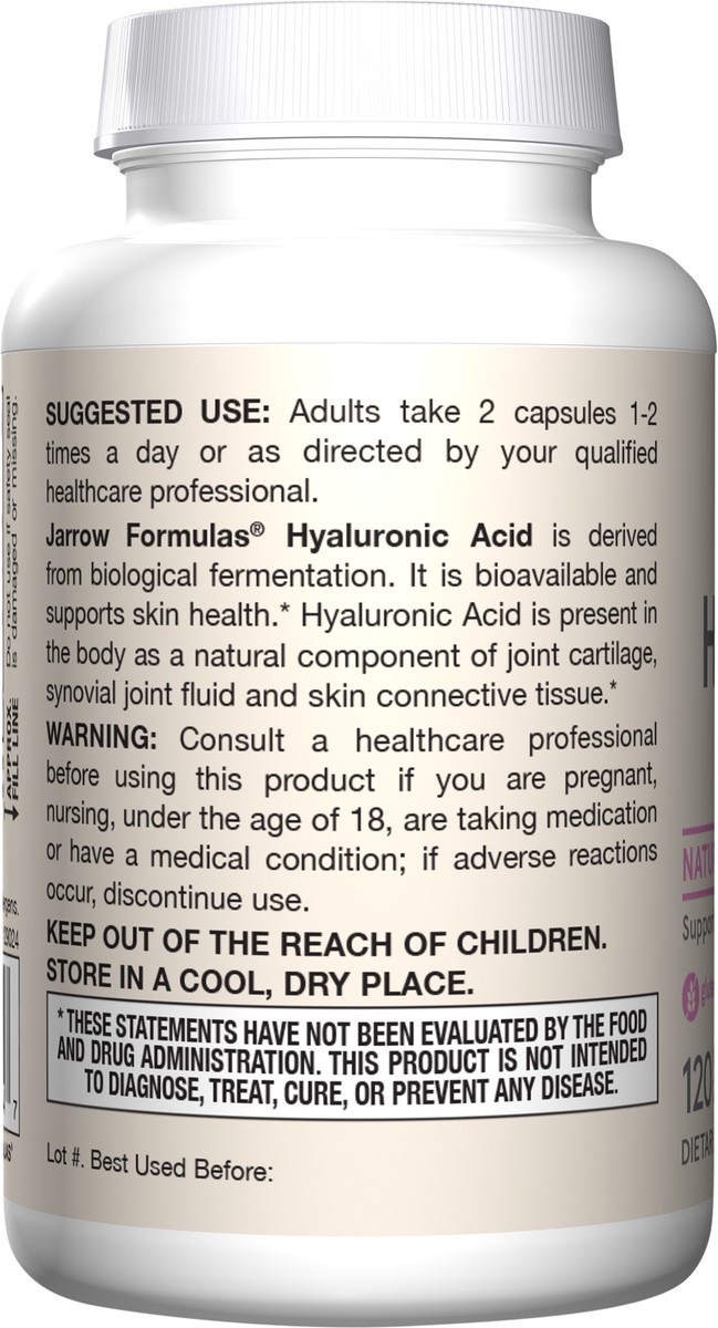 slide 3 of 4, Jarrow Formulas Hyaluronic Acid 120 mg - 120 Veggie Caps - 60 Servings - Bioavailable & Naturally Derived - Supports Skin Health - Pure Hyaluronic Acid - Dietary Supplement - Vegan, 1 ct