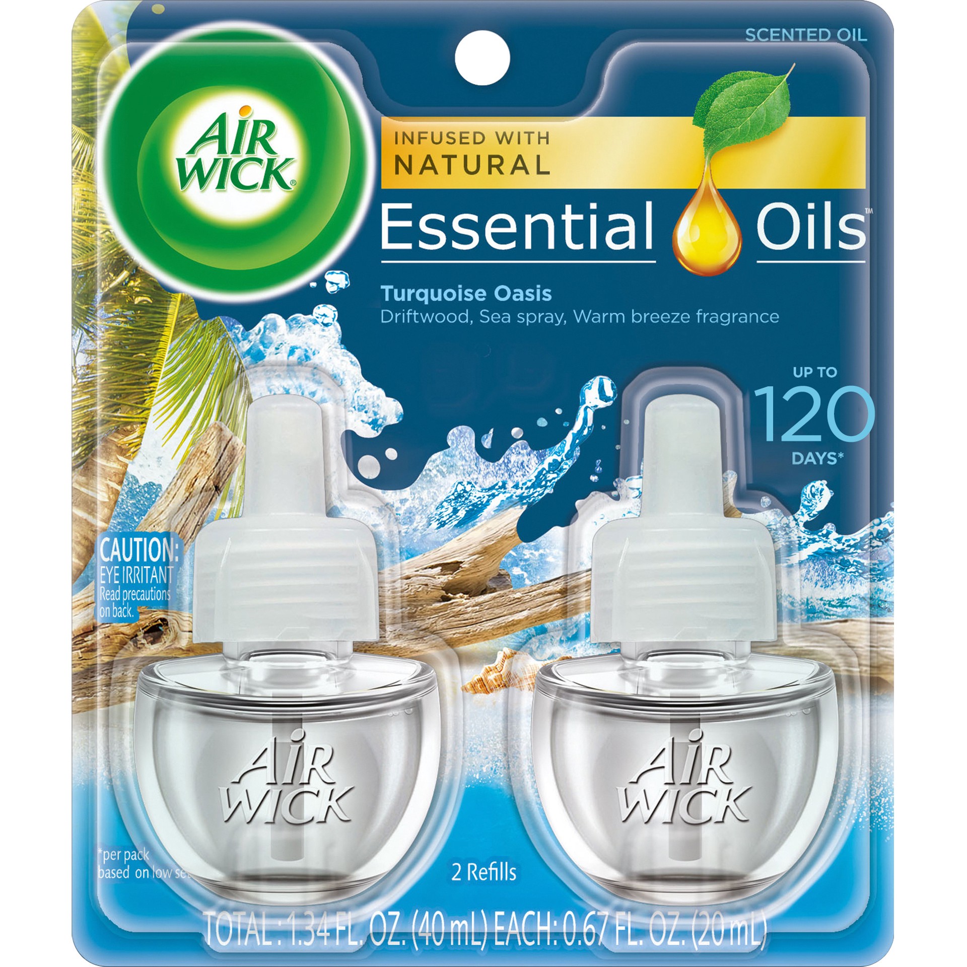 slide 1 of 9, Air Wick Plug in Scented Oil Refill, 2ct, Turquoise Oasis, Essential Oils, Air Freshener, 2 ct