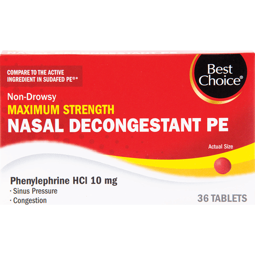 slide 1 of 1, Best Choice Non Drowsy Maximum Strength Nasal Decongestant PE Tablets, 36 ct